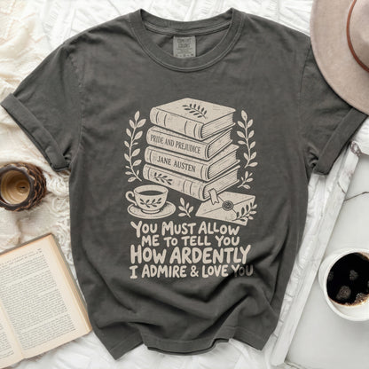 Dark grey t-shirt with stacked books, teacup, and quote about admiration.