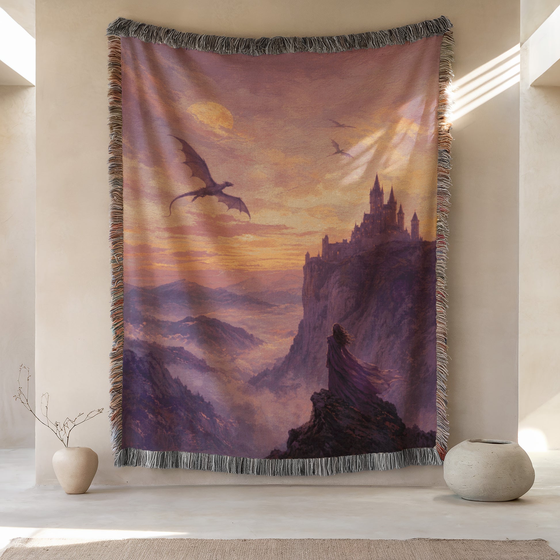 a large tapestry hanging on a wall, depicting a castle and a dragon flying in the sky. The tapestry has a vibrant purple and orange color scheme, creating a fantastical and majestic scene. The tapestry is framed by a fringe, adding to its grandeur. On either side of the tapestry, there are two small vases, which complement the overall aesthetic of the scene.