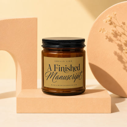 Amber jar candle labeled "A Finished Manuscript" by MAGICMERCH.