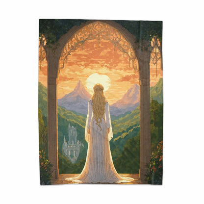 Woman in White Gown Overlooks Castle Tapestry