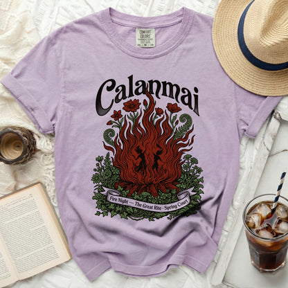 Purple t-shirt with "Calanmai" and bonfire graphic.