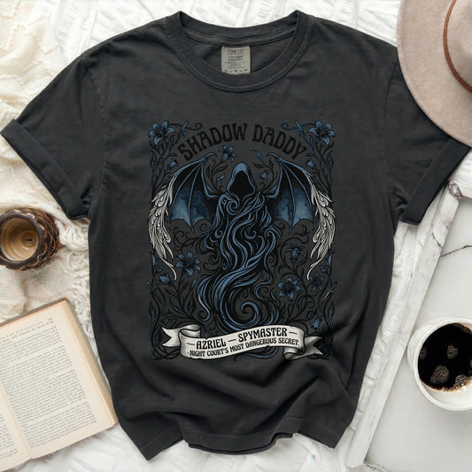 Black t-shirt with "Shadow Daddy Azriel Spymaster" text and fantasy art.