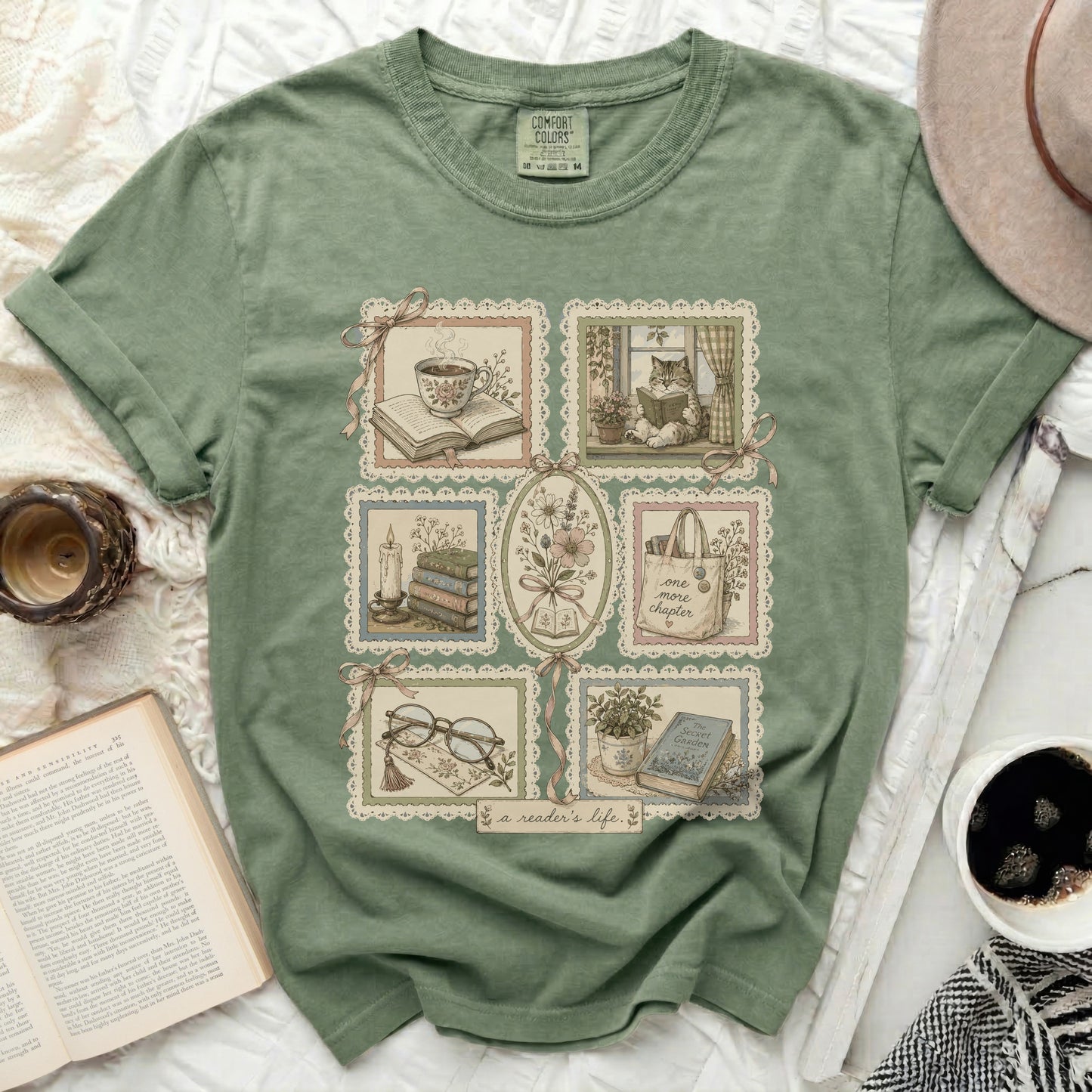 Green t-shirt with a collage of vintage book and tea illustrations and "a reader's life" text.