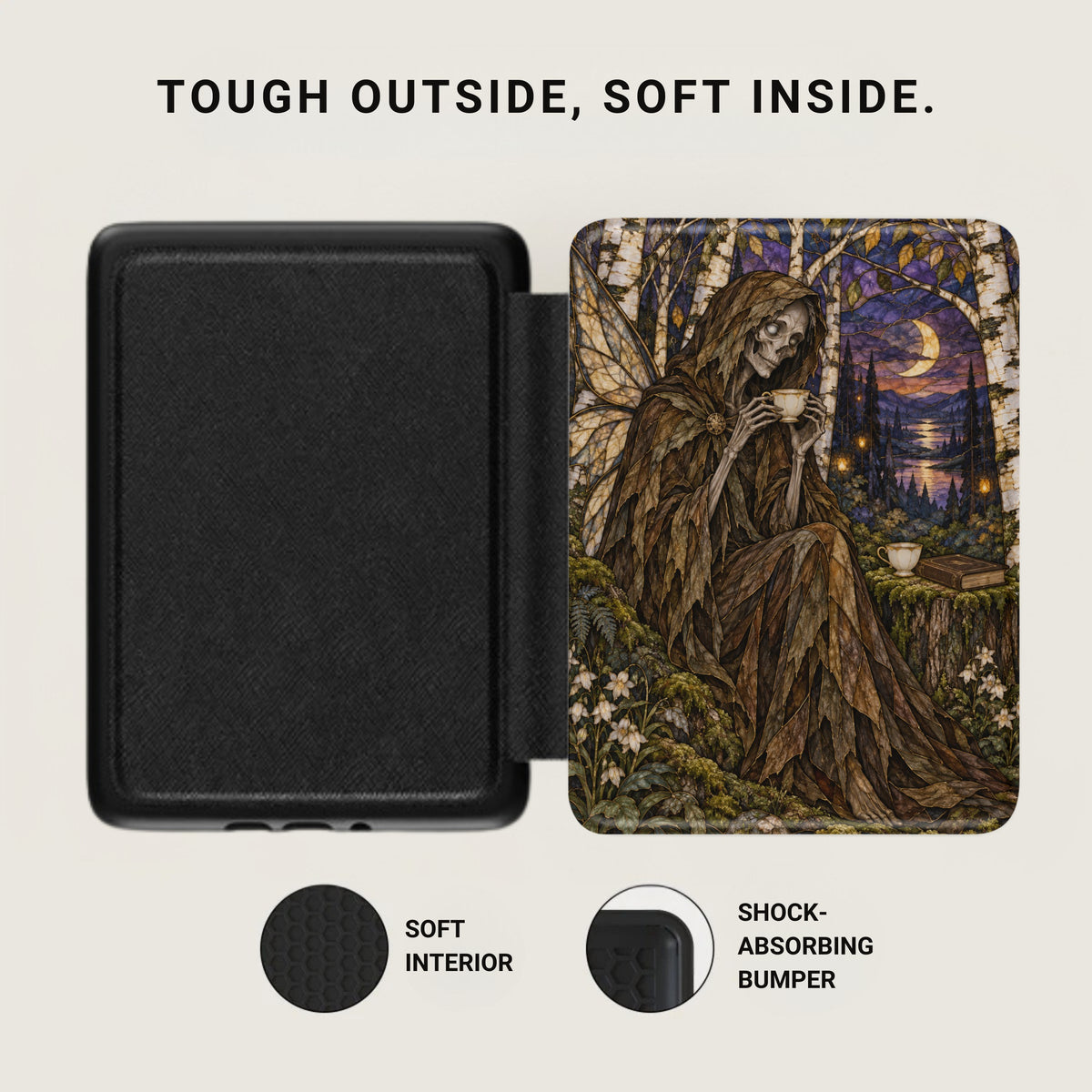 Black case with fairy skeleton and moonlit forest art.