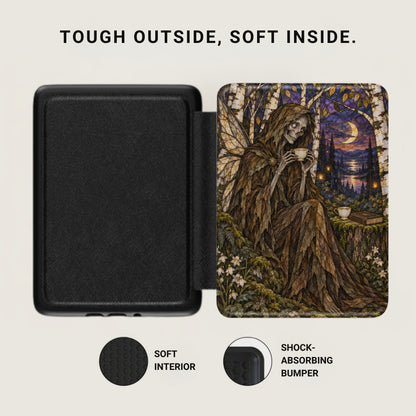 Black case with fairy skeleton and moonlit forest art.