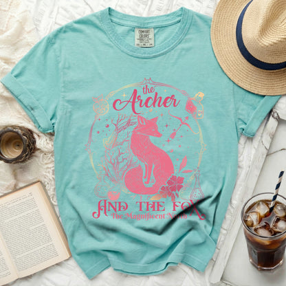 Aqua t-shirt with pink fox and floral graphic, "the Archer and the Fox" text.