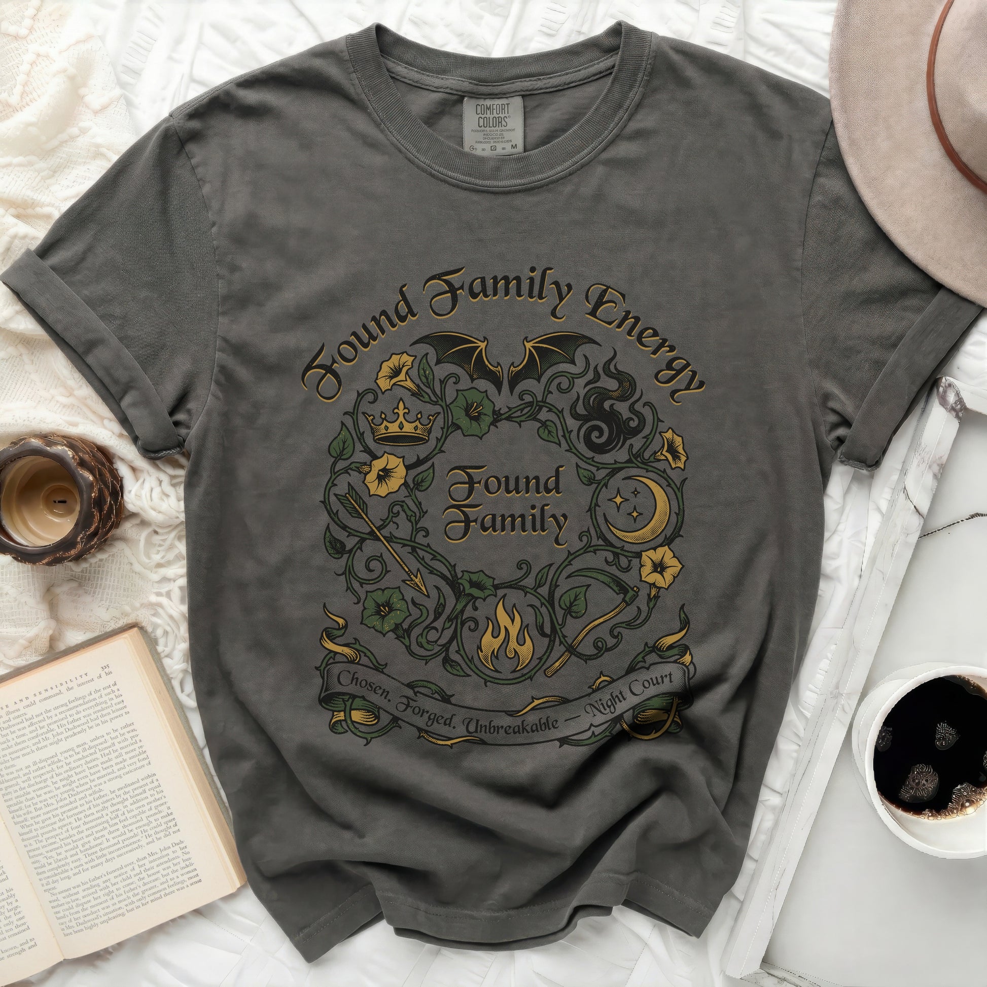 Dark grey t-shirt with "Found Family Energy" and "Found Family Chosen. Forged. Unbreakable - Night Court" text.
