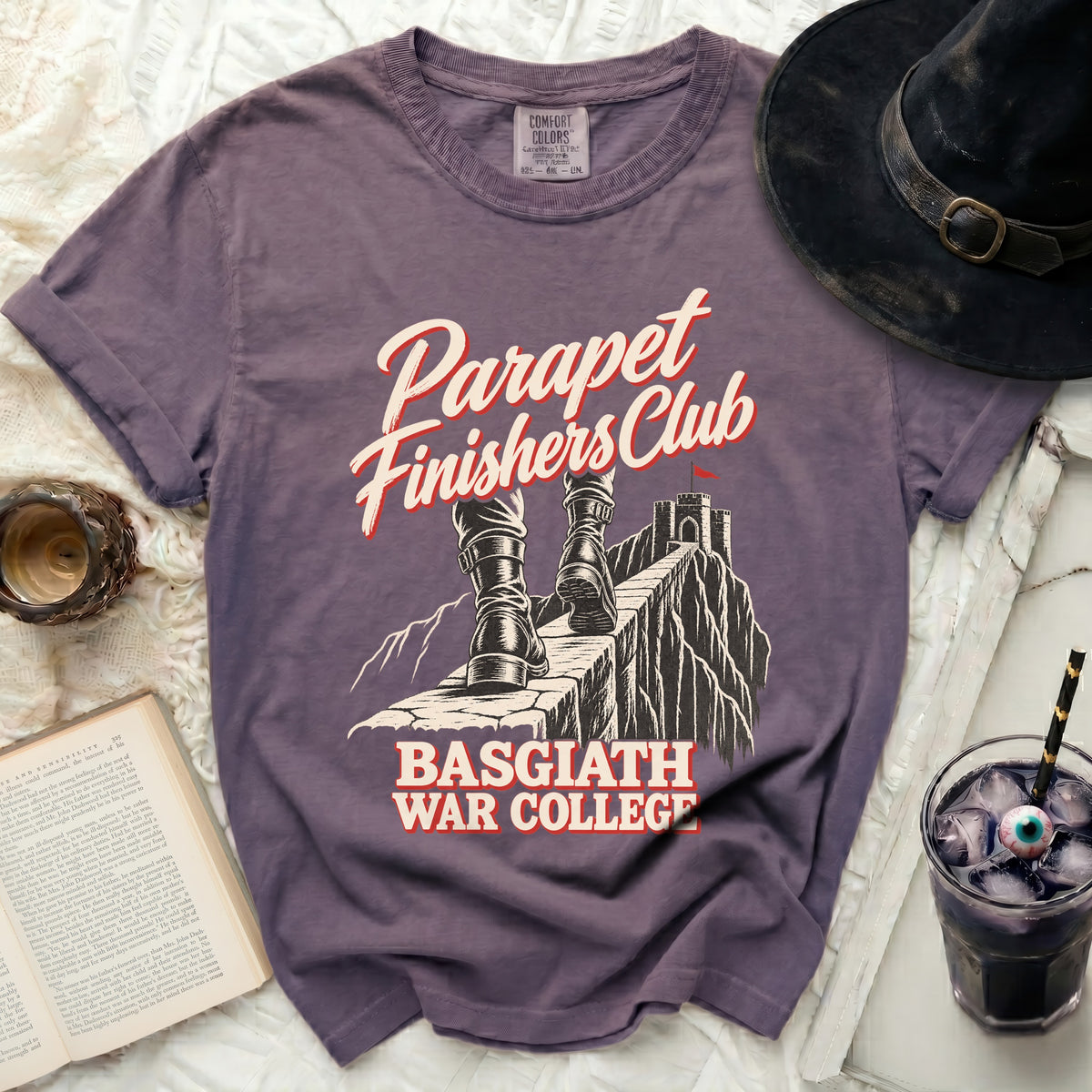 Purple t-shirt with "Parapet Finishers Club Basgiath War College" graphic.