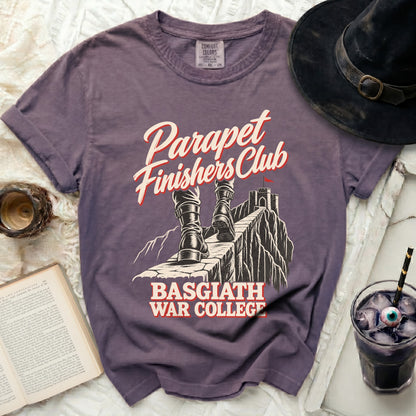 Purple t-shirt with "Parapet Finishers Club Basgiath War College" graphic.