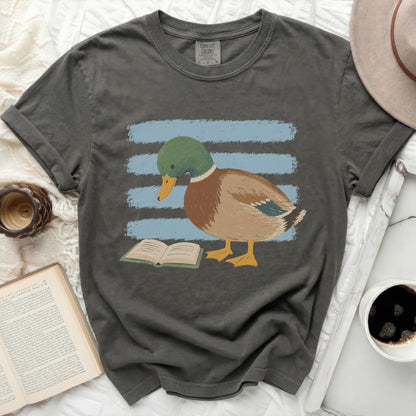 Mallard duck reading a book on a charcoal t-shirt.
