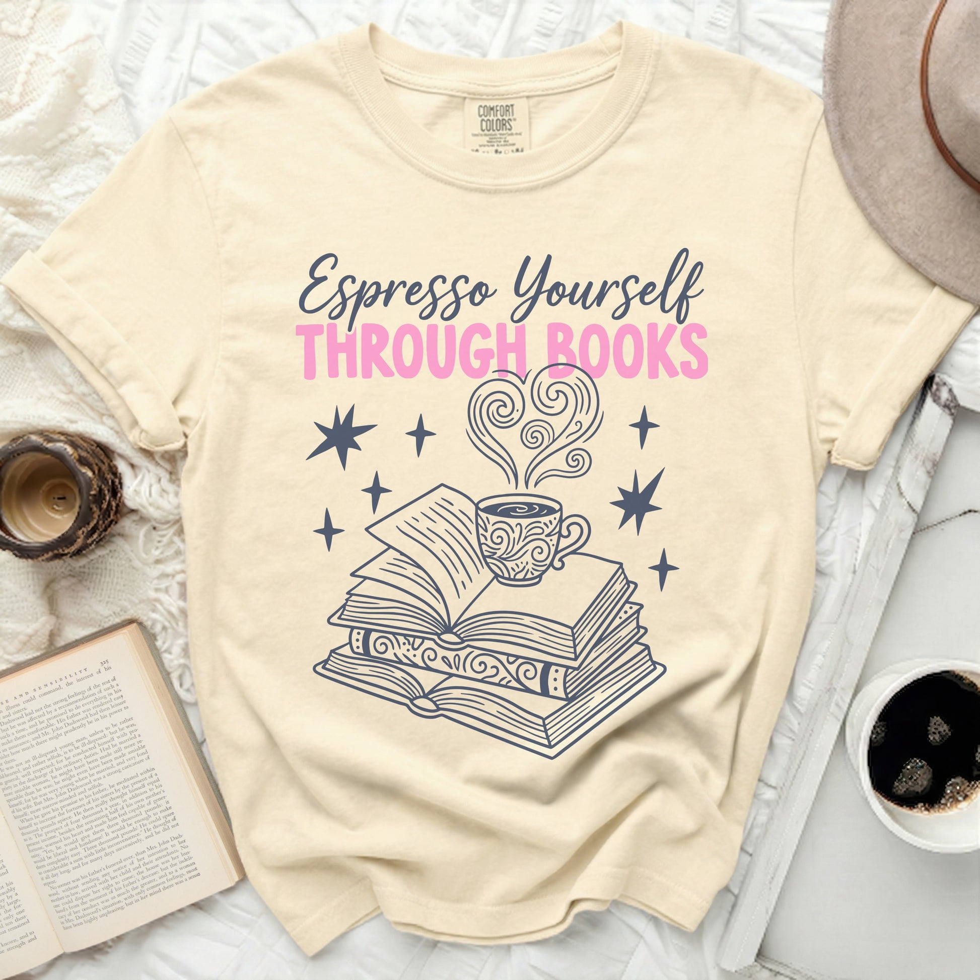 Comfort Colors shirt with "Espresso Yourself Through Books" graphic.