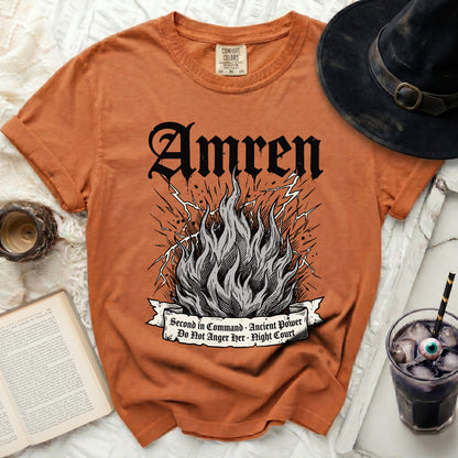 Orange t-shirt with "Amren" text and flaming design, text reads "Second in Command Ancient Power".