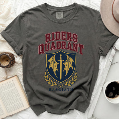 Grey t-shirt with "Riders Quadrant" and a sword-and-wings emblem.