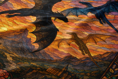Three dragons fly over mountains and a village against a stained-glass sunset backdrop.