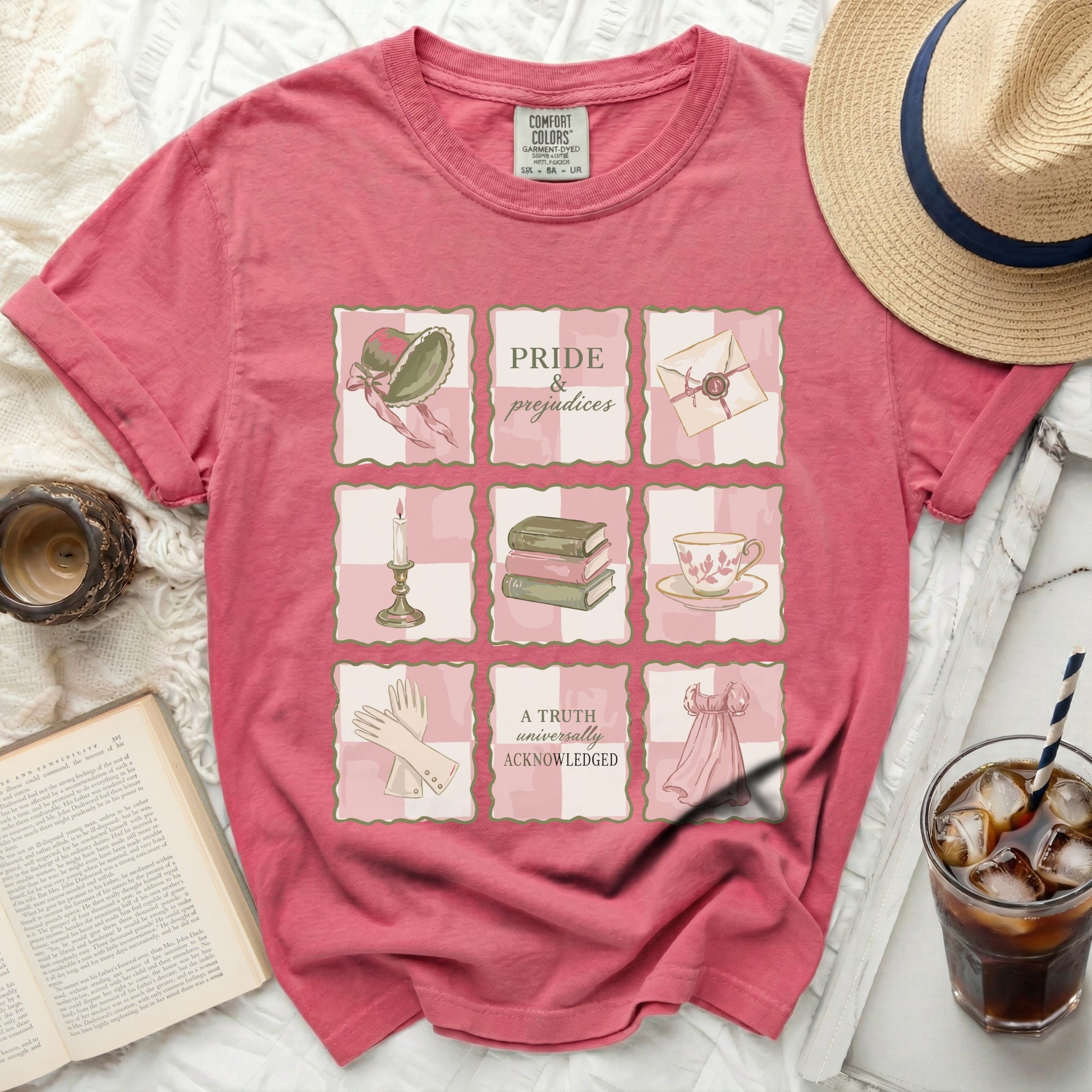 Comfort Colors garment-dyed tee with "Pride & Prejudices" and sketch illustrations.