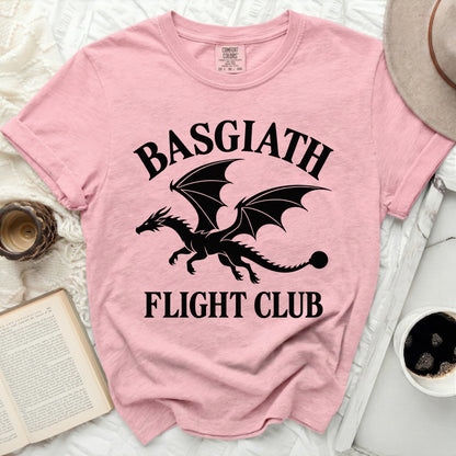Pink t-shirt with black "Basgiath Flight Club" text and dragon graphic.