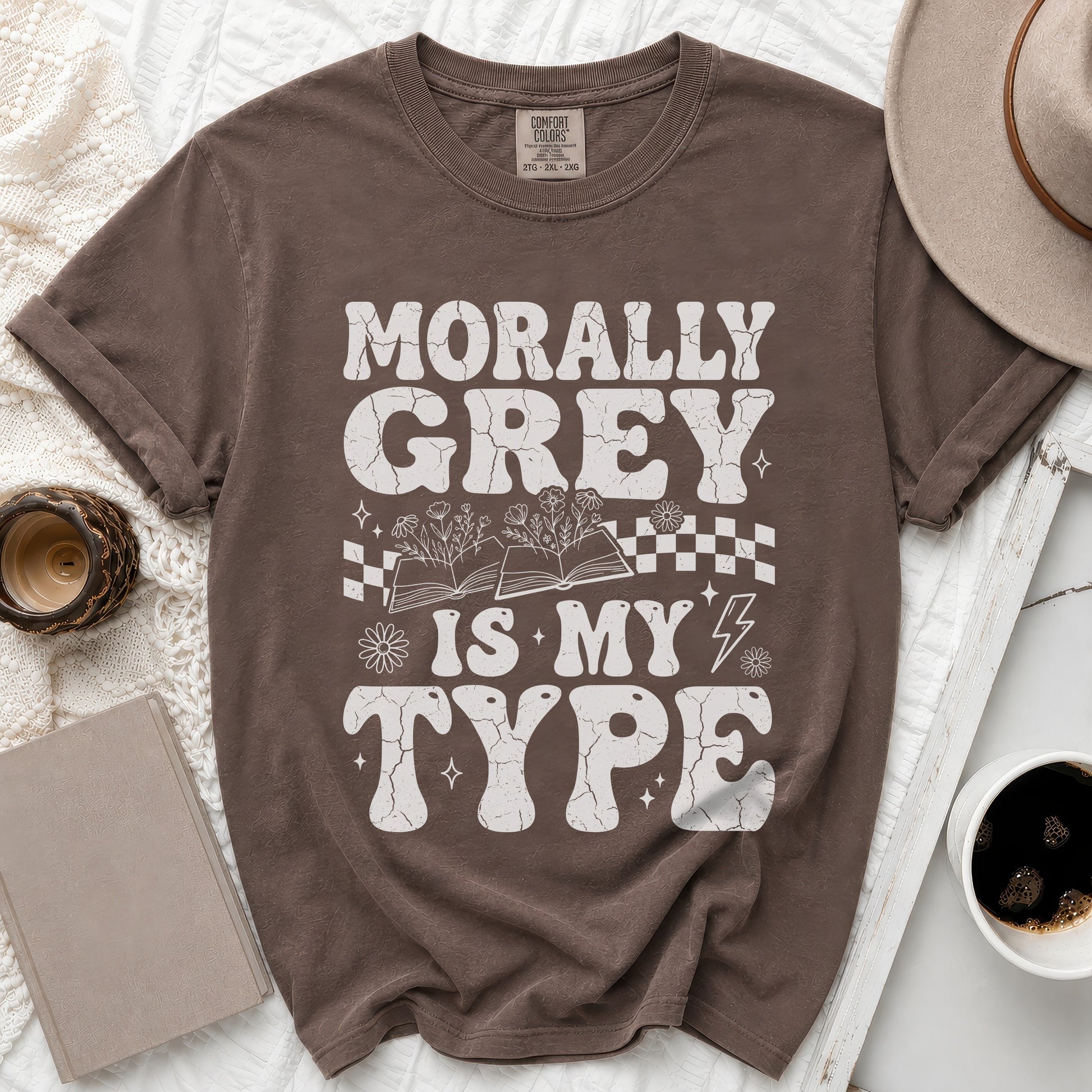Brown t-shirt with "MORALLY GREY IS MY TYPE" text and cracked vintage design.