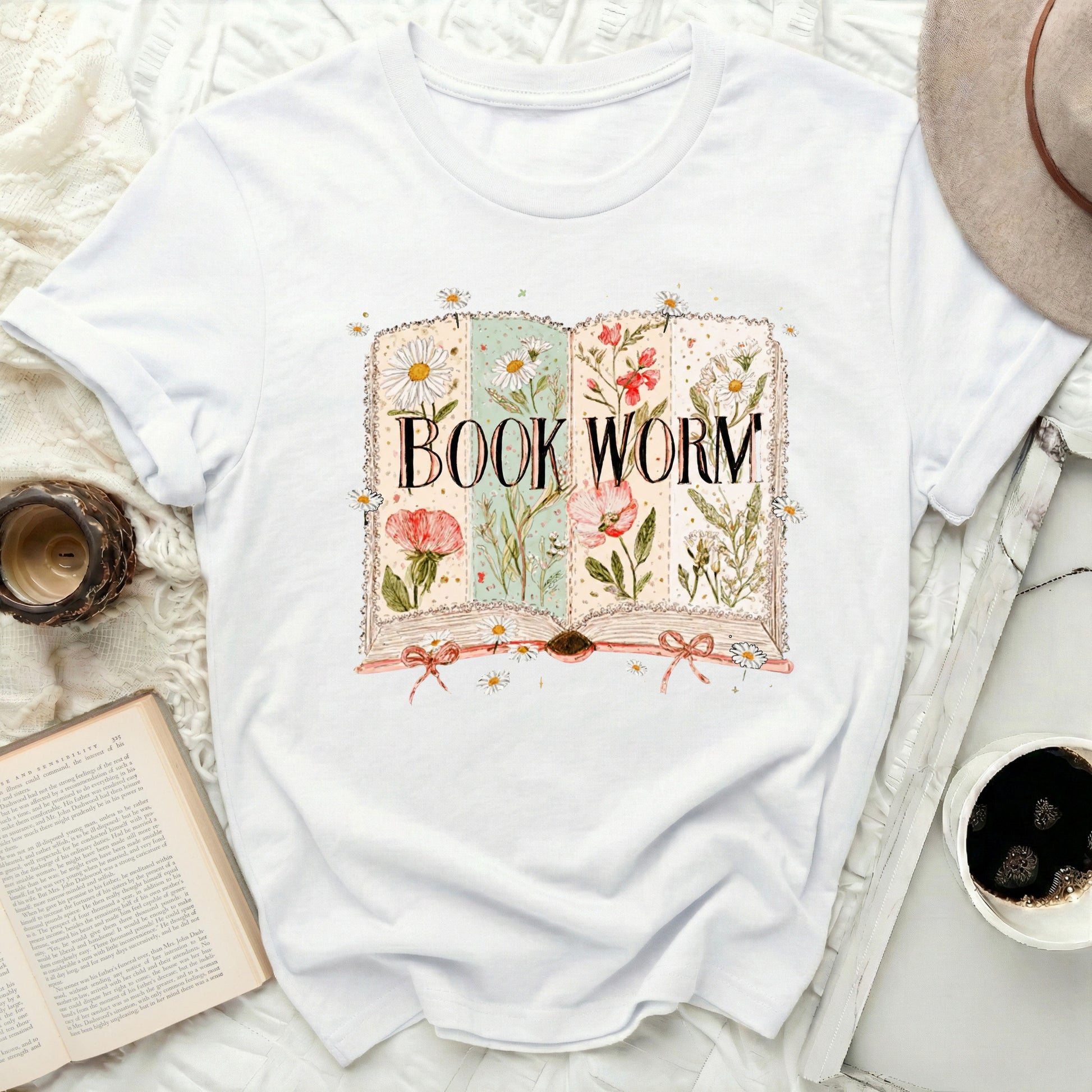 Book Worm Floral Open Book Graphic T-Shirt