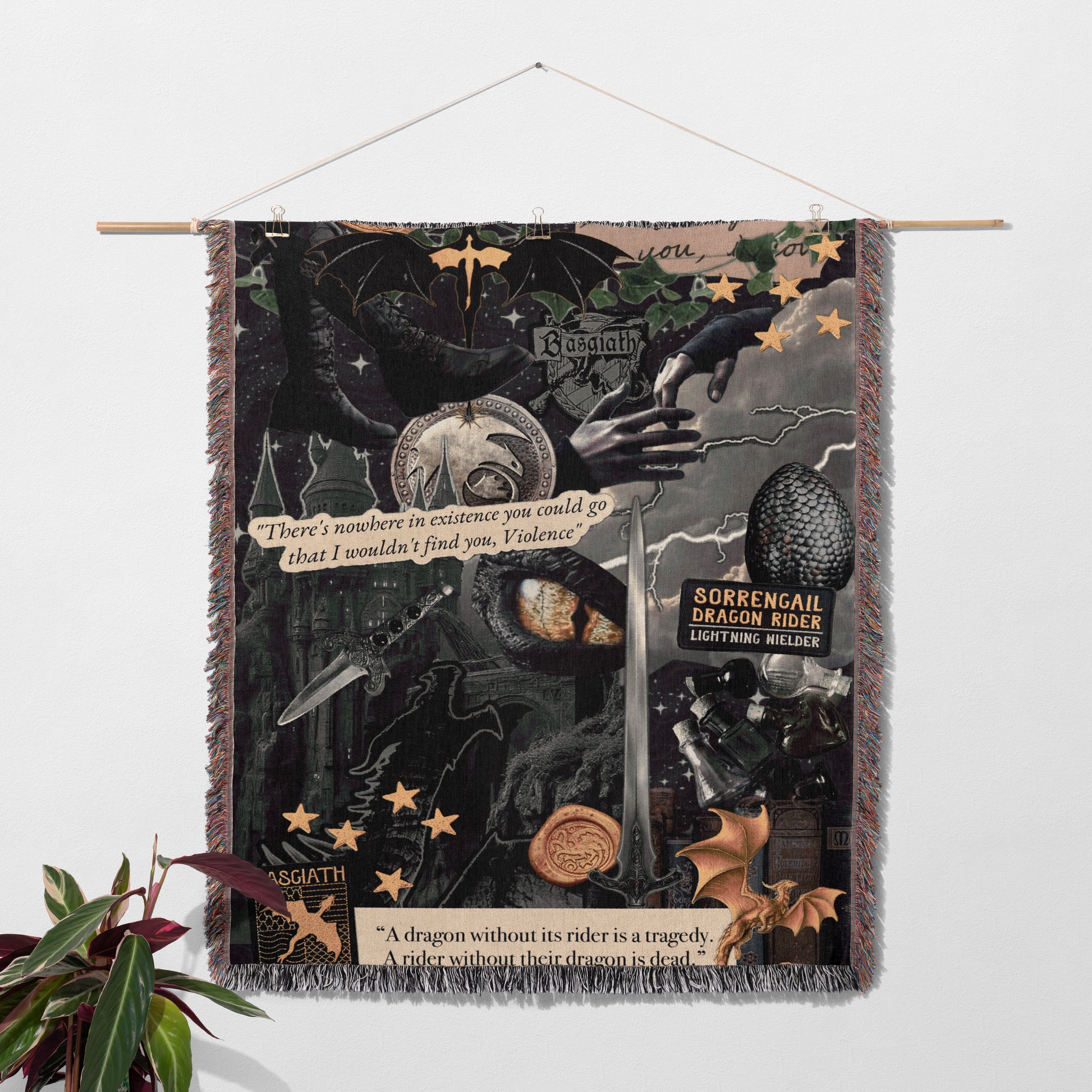 The image is a collage of various elements, including a dragon, a dragon-like creature, a sword, and a quote about dragons.