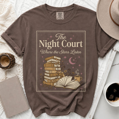 Brown t-shirt with "The Night Court Where the Stars Listen" and book graphics.