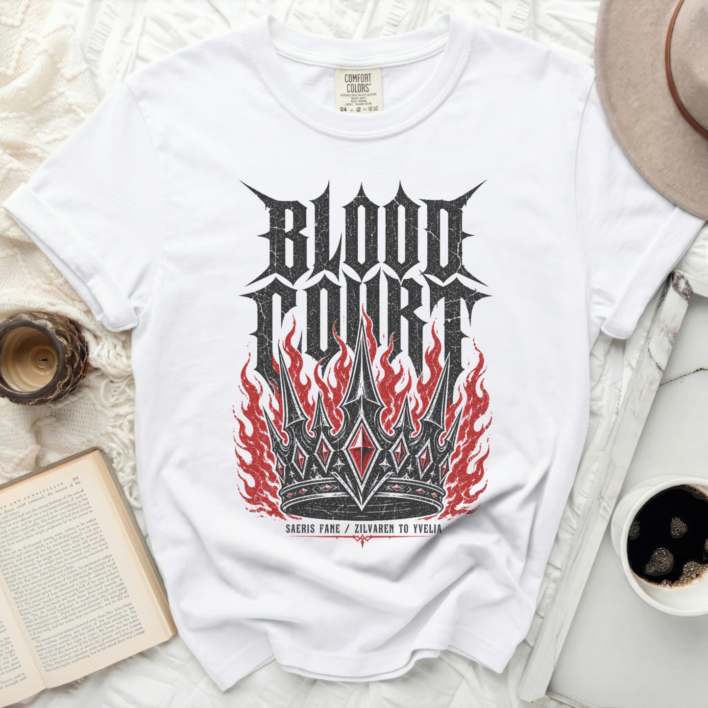 White t-shirt with red and black "Blood Court" crown and flame graphic.