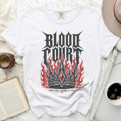 White t-shirt with red and black "Blood Court" crown and flame graphic.