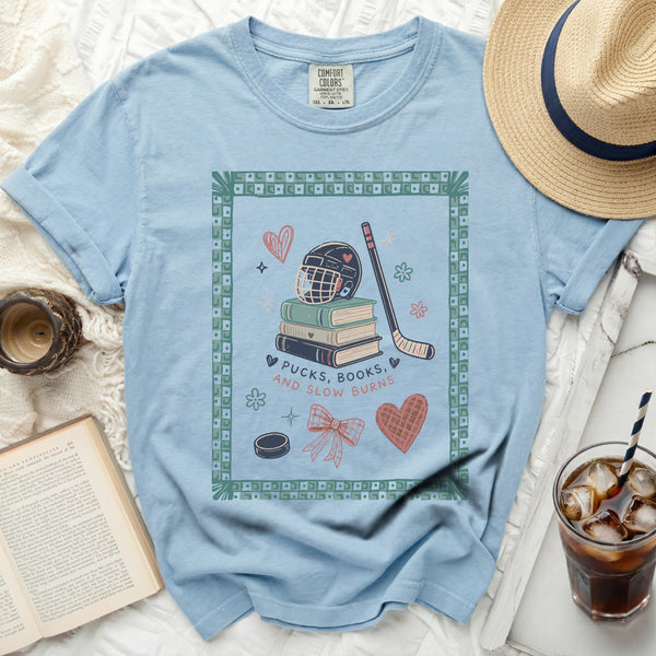 Pucks, Books, Slow Burns Tee in Chambray
