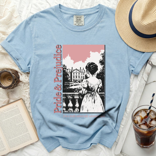 Light blue t-shirt with "Pride & Prejudice" book cover graphic.