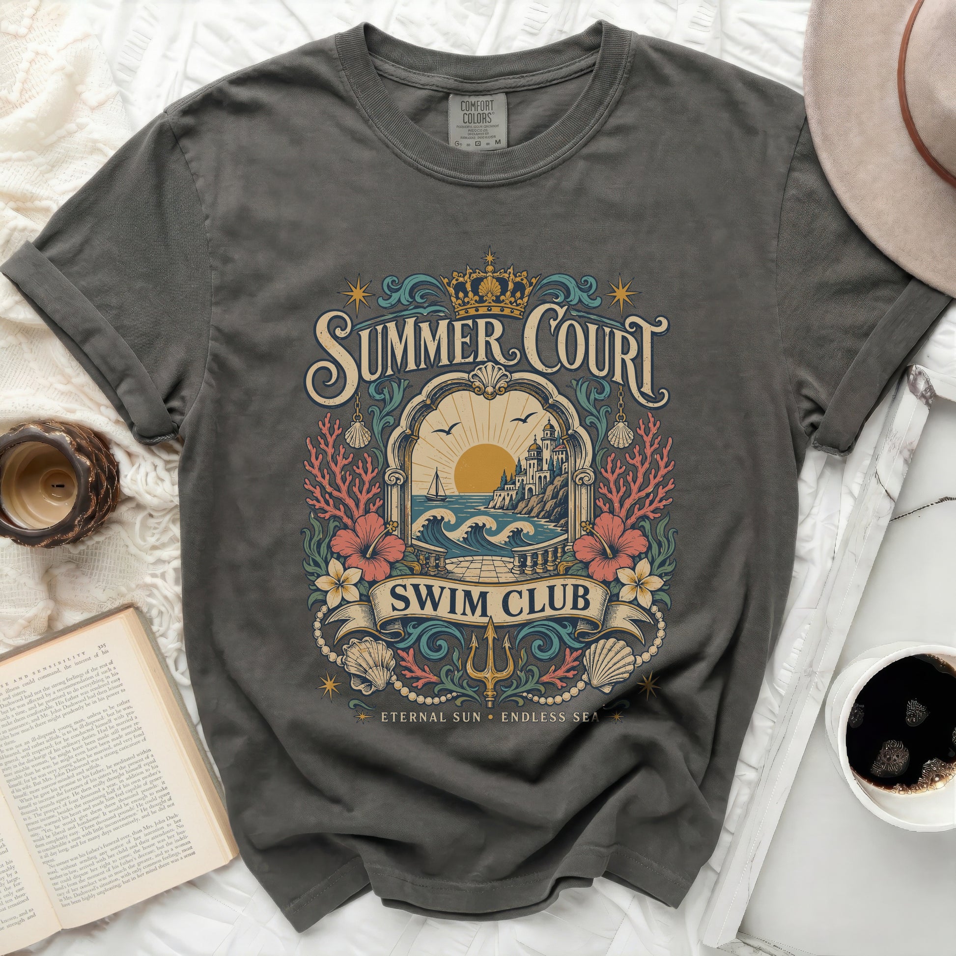 Grey Comfort Colors t-shirt with "Summer Court Swim Club" ocean graphic.
