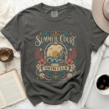 Grey Comfort Colors t-shirt with "Summer Court Swim Club" ocean graphic.