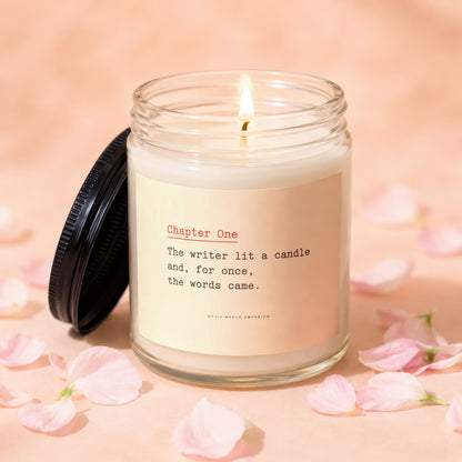 Lit candle with text "Chapter One: The writer lit a candle and, for once, the words came."