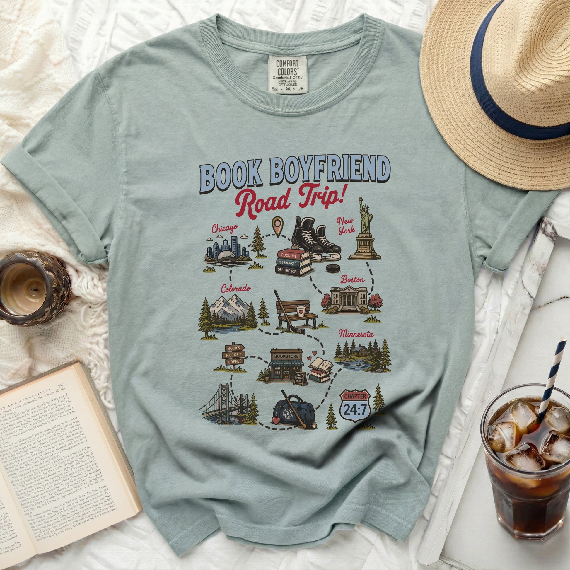T-shirt with "Book Boyfriend Road Trip" map featuring locations and interests.
