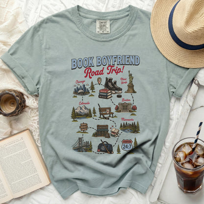T-shirt with "Book Boyfriend Road Trip" map featuring locations and interests.