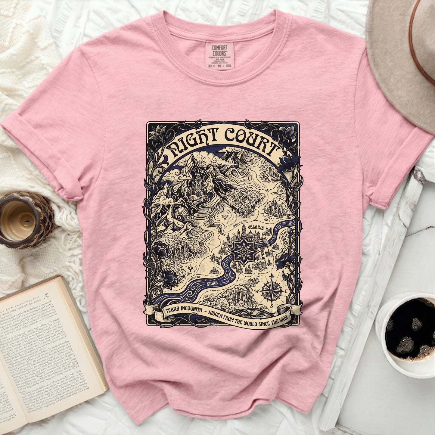 Pink t-shirt with "Night Court" and a detailed map design.