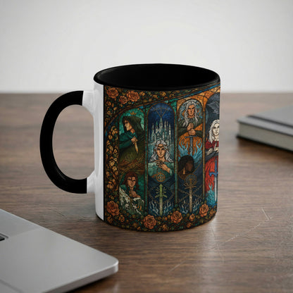 White mug with black handle featuring stained-glass art of five figures and floral accents.