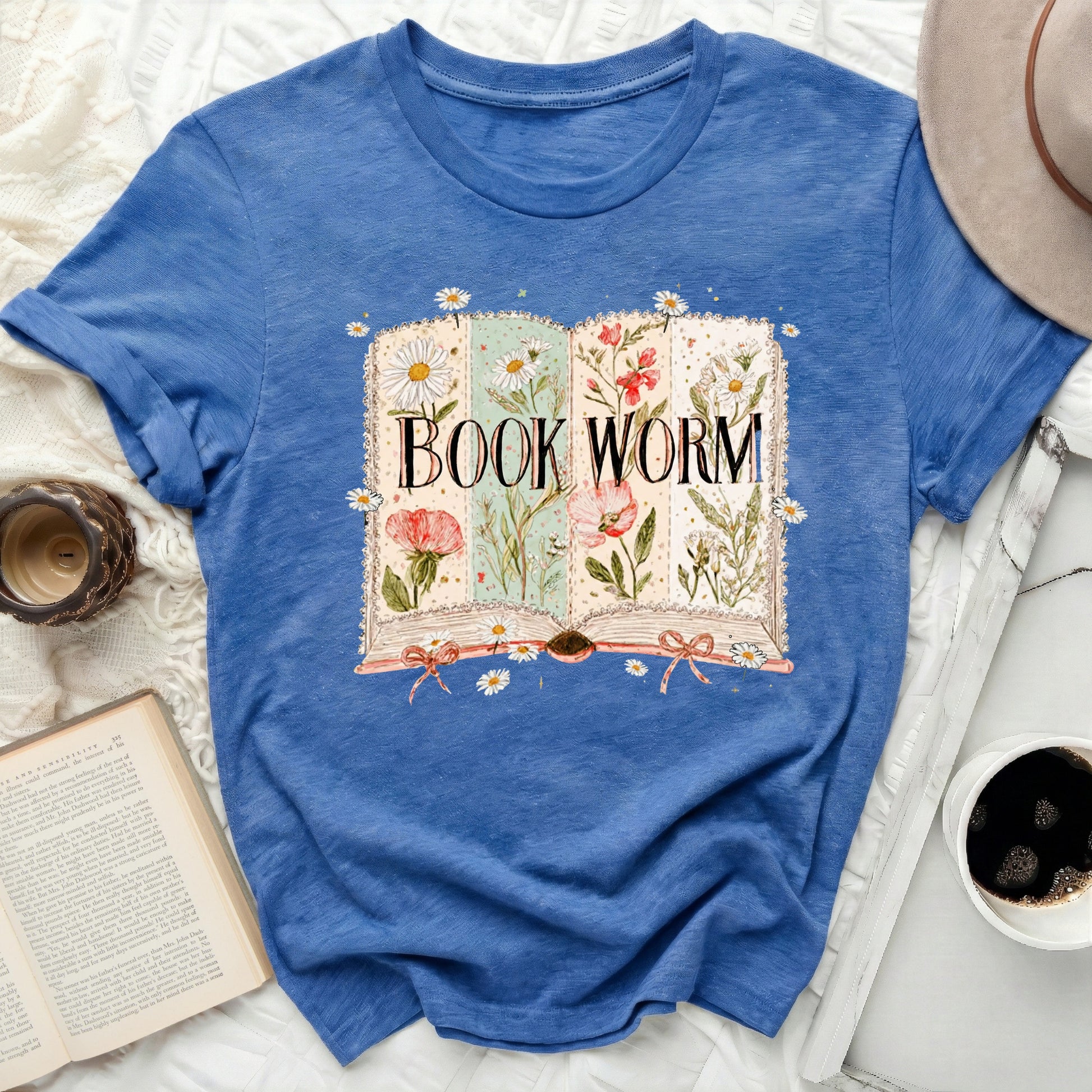 Book Worm Floral Book Illustration T-Shirt