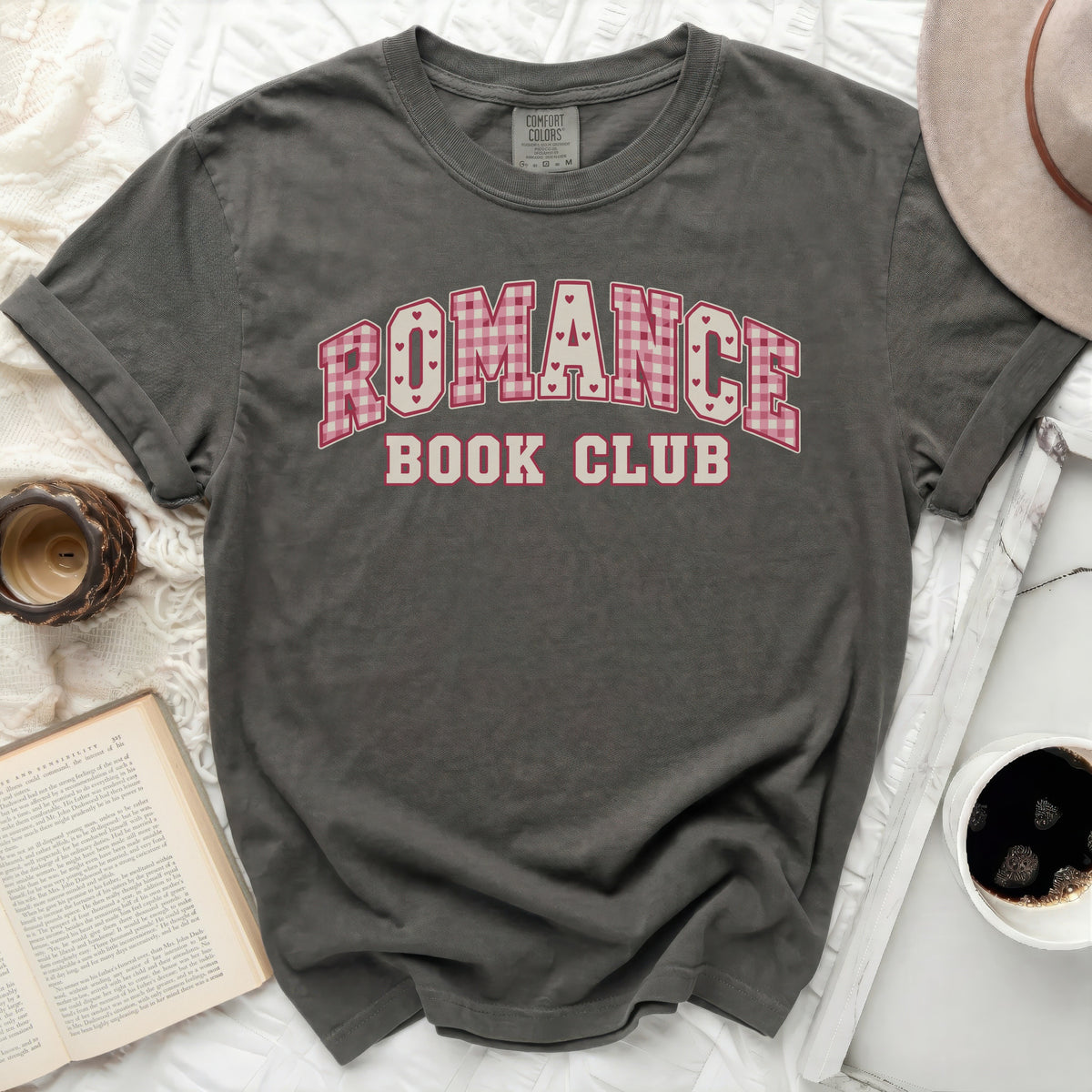 Dark grey t-shirt with "Romance Book Club" text and pink plaid hearts.