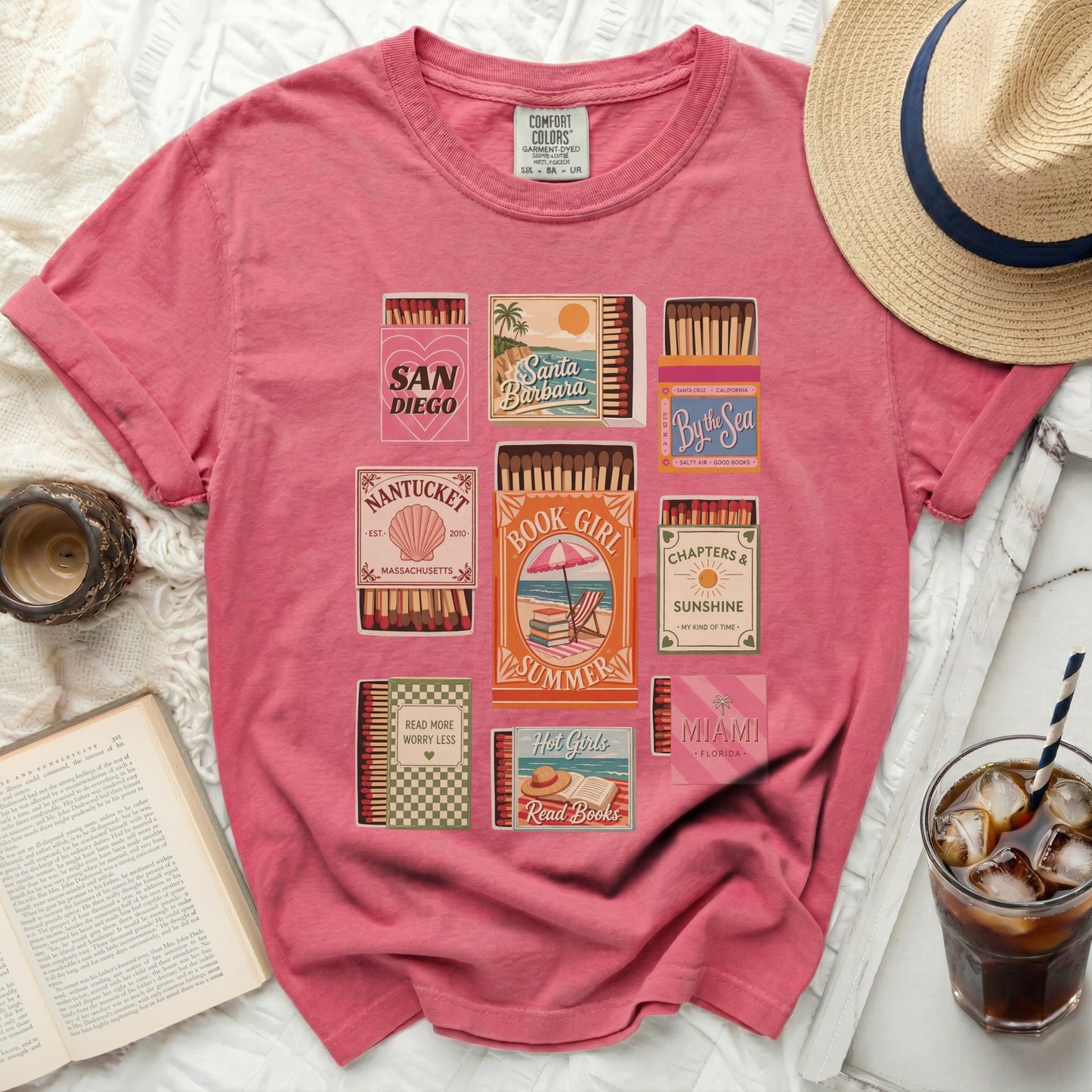 T-shirt with vintage matchbook designs for coastal towns and summer activities.
