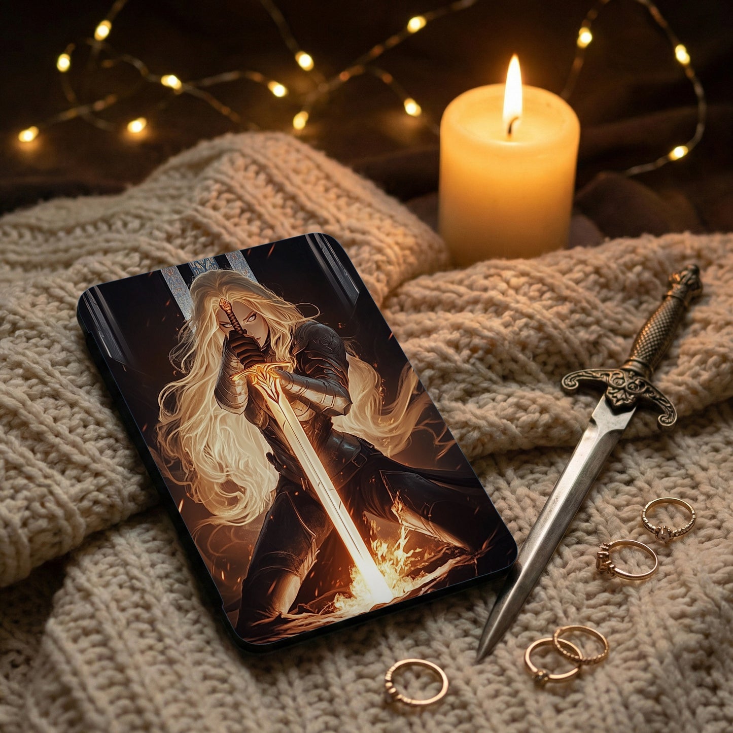 Blonde Warrior Fiery Sword Fantasy Theme Art product type