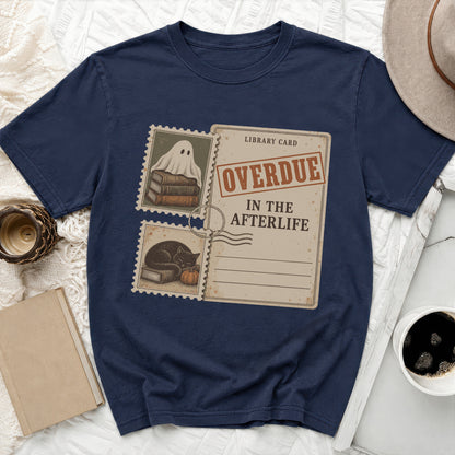 Navy t-shirt with "Overdue In The Afterlife" library card graphic and stamp designs.