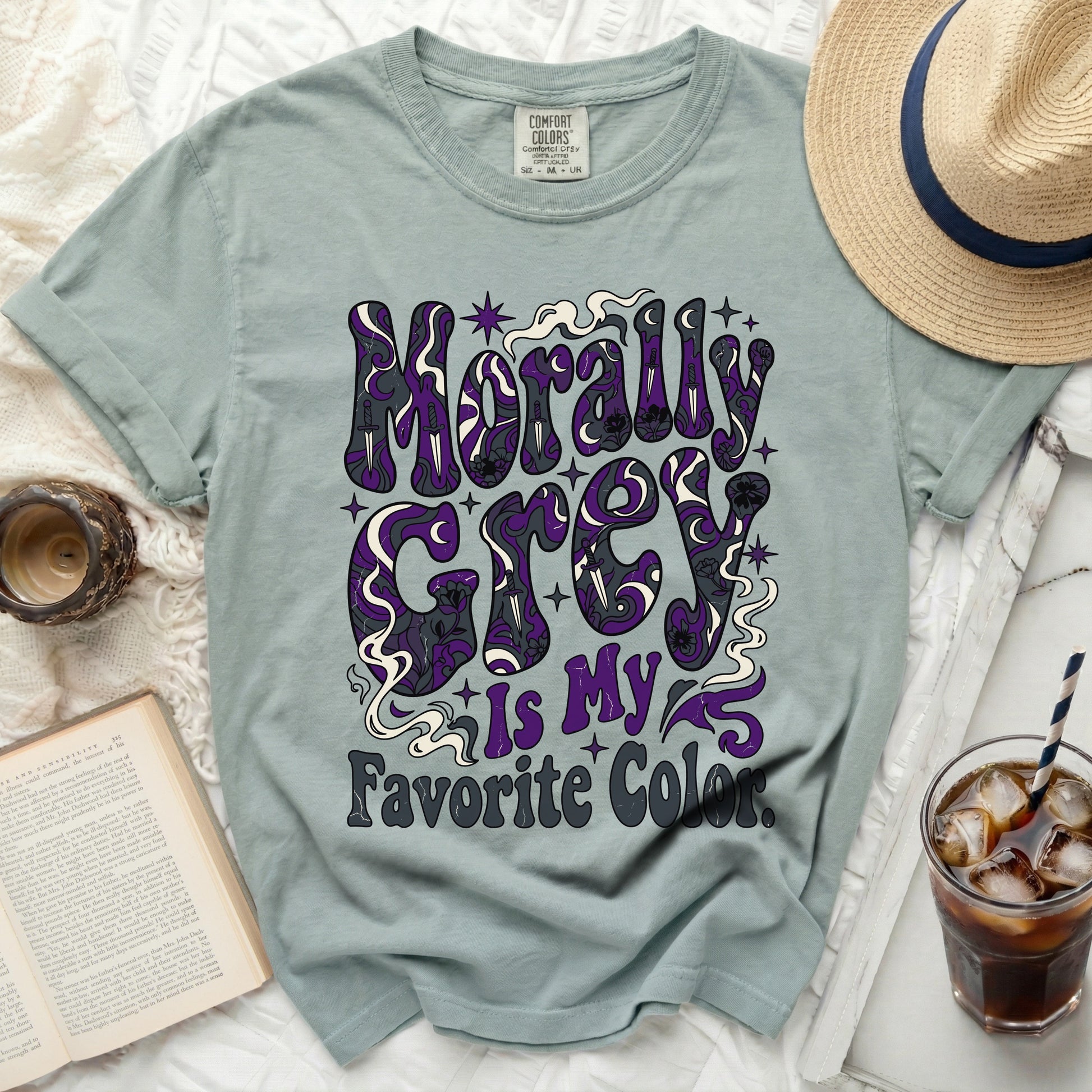 Green t-shirt with purple text that reads "Morally Grey Is My Favorite Color."
