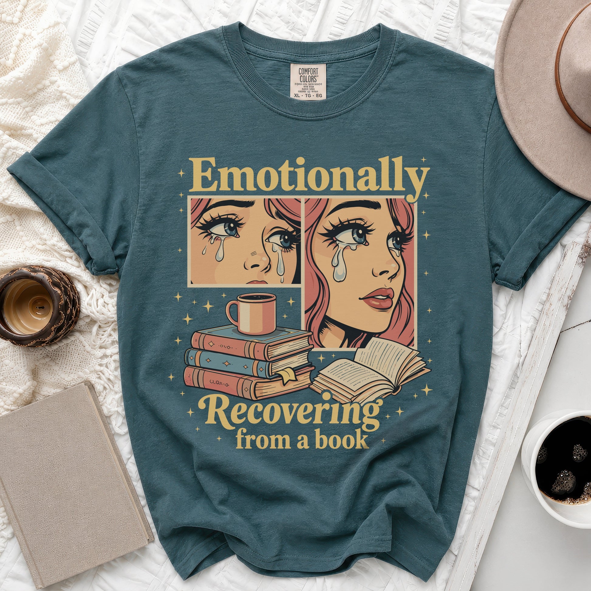 T-shirt with "Emotionally Recovering from a book" text and crying comic eyes.