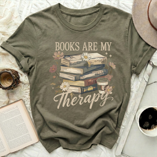 Books Are My Therapy Tee in Military Green