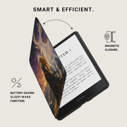 Kindle e-reader with a case showing an image and text about magnetic closure and battery-saving function.