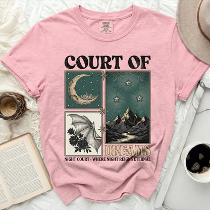 Pink t-shirt with "COURT OF DREAMS" and night-themed graphic.