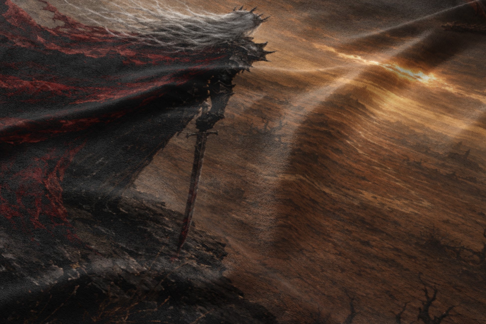 Figure clad in dark armor and tattered red cape, holding a sword against a stormy sky.