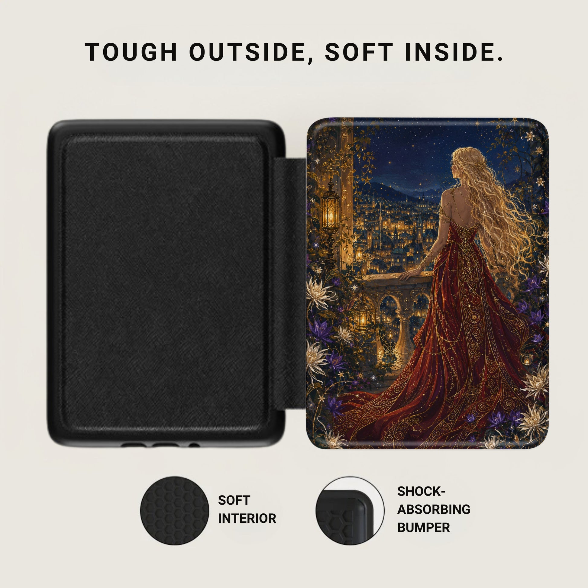 Black case exterior, decorated interior with a woman overlooking a city at night.