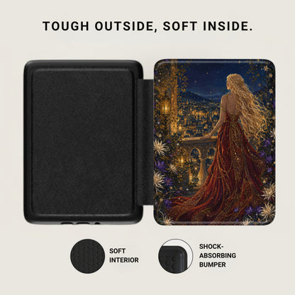 Black case exterior, decorated interior with a woman overlooking a city at night.