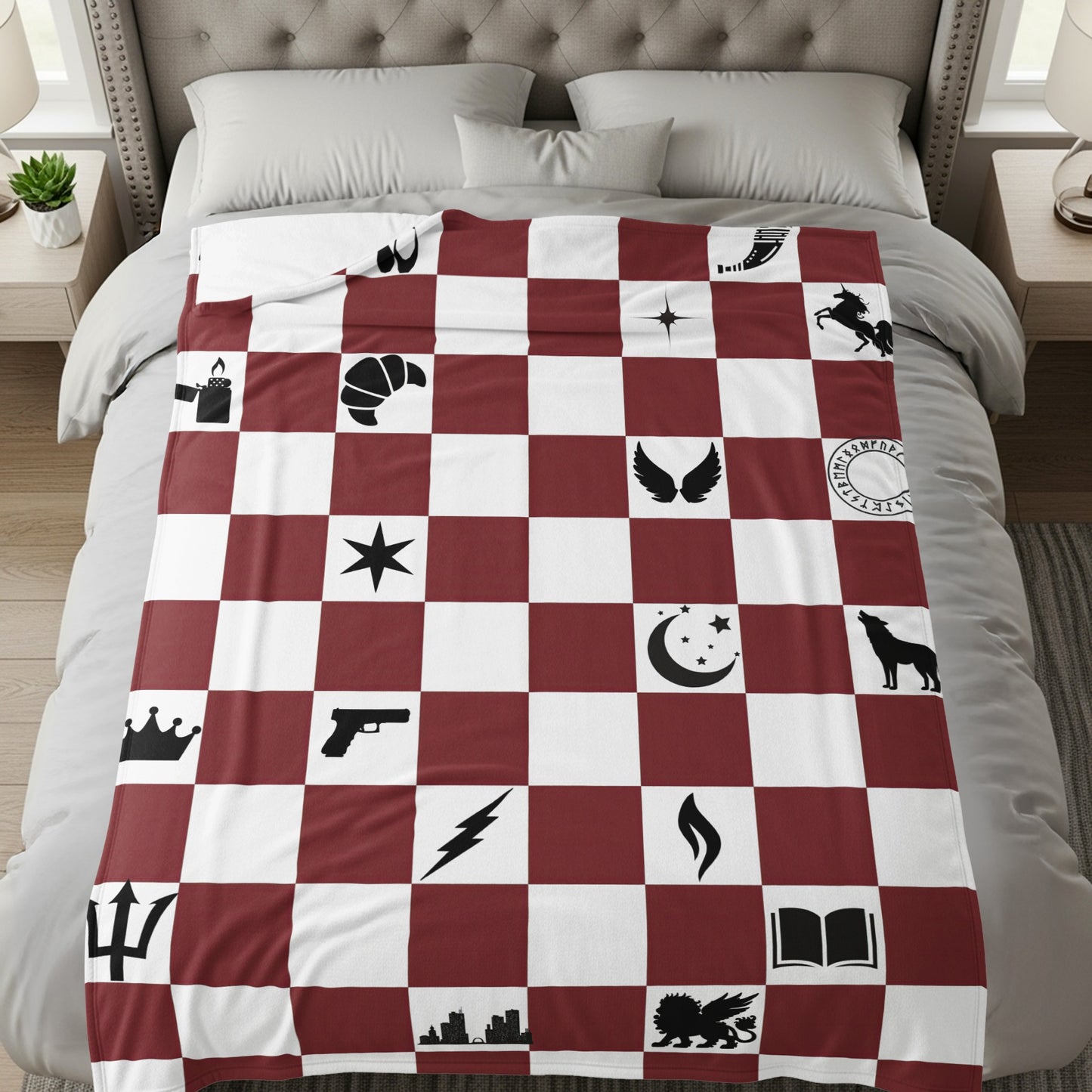 Maroon and White Checkered Blanket with Symbols