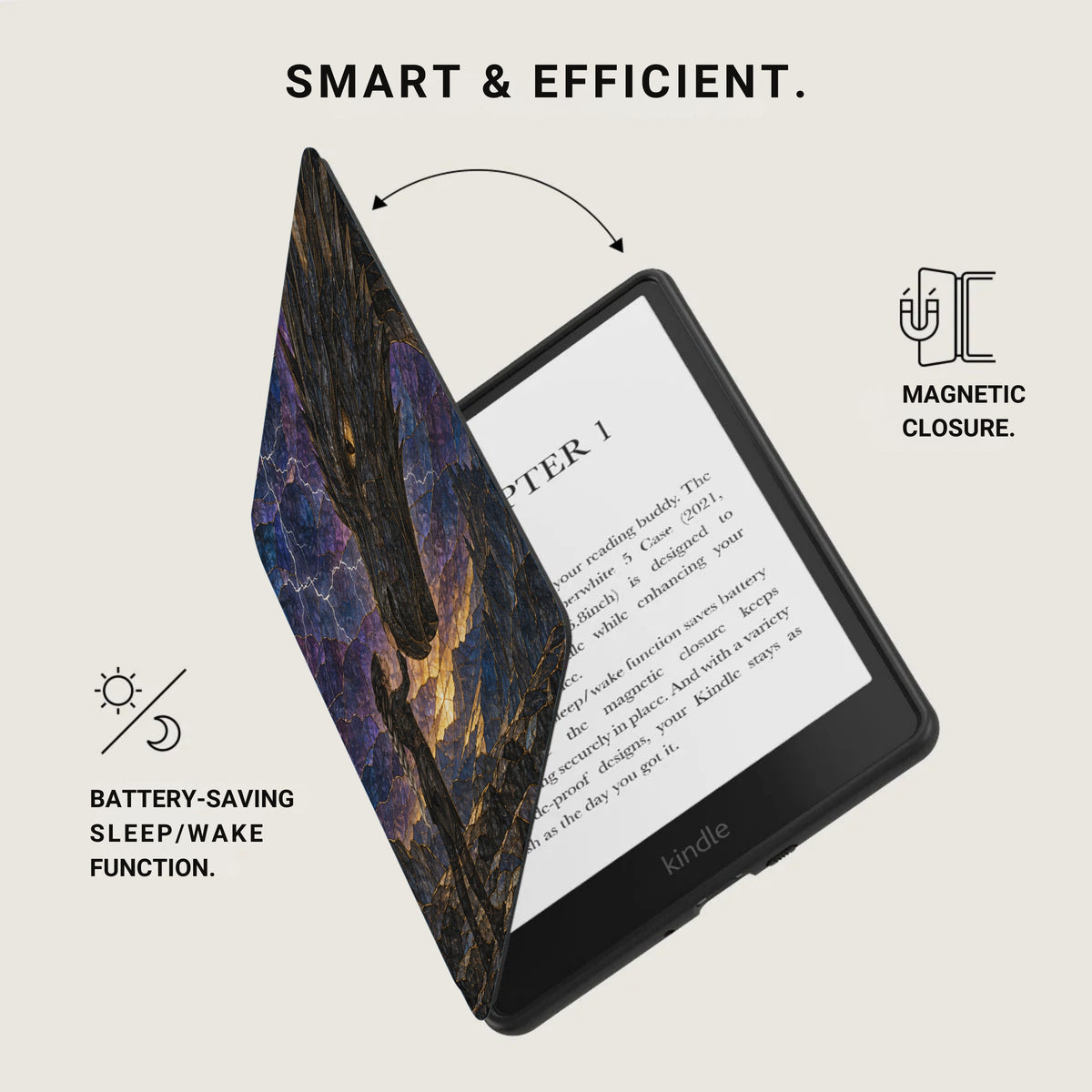Kindle e-reader with a dark, textured cover featuring a magnetic closure and sleep/wake function.